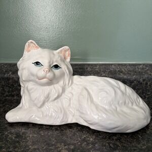 Vintage White Persian Cat Figurine Planter Blue Green Eyes Pink Ears Laying MCM